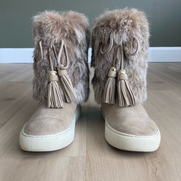 Tory Burch Anjelica Fur Suede Leather Boots Tan Taupe Gray size 7 - Picture 2 of 12